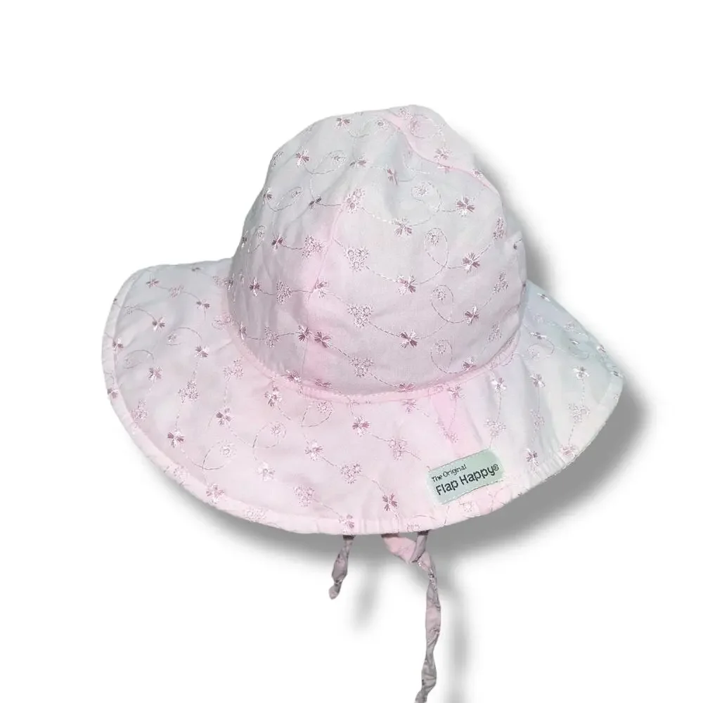 The Original Flap Happy Hat Baby Sun Cap 6-12 Months Pink Eyelet UPF 50 Ties Hat